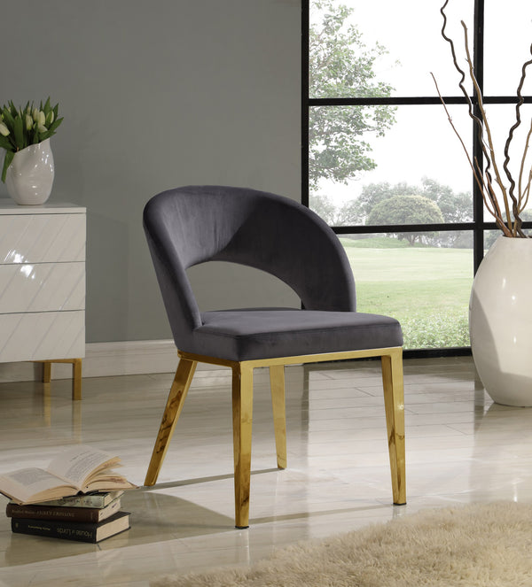 Caroline Dining Chair In Grey Velvet and Gold In Gold