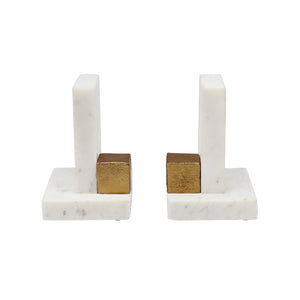 PAIR OF WHITE MARBLE BOOKENDS WITH BRASS SQUARE DETAIL