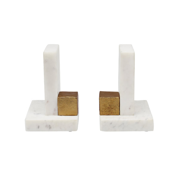 PAIR OF WHITE MARBLE BOOKENDS WITH BRASS SQUARE DETAIL