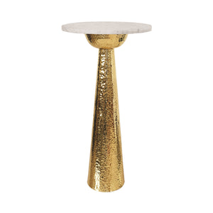 HAMMERED BRASS SIDE TABLE WITH TAPERED BASE AND ROUND WHITE MARBLE TOP