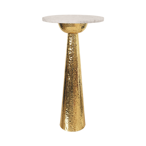 HAMMERED BRASS SIDE TABLE WITH TAPERED BASE AND ROUND WHITE MARBLE TOP