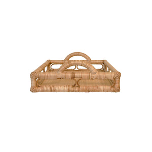 RECTANGULAR NATURAL RATTAN TRAY WITH OPEN OVAL DETAIL SIDES