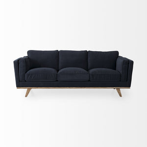 Brooks 90.2L x 34.8W x 33.5H Navy Blue Fabric Three Seater Sofa W/ Medium Brown Wooden Legs