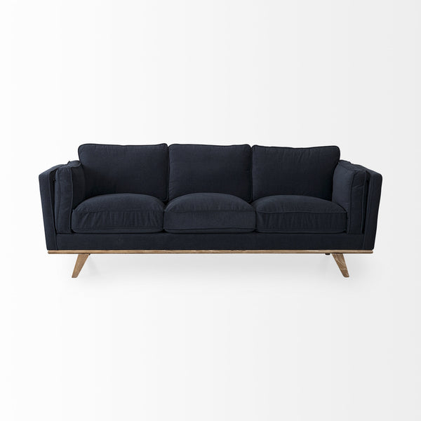 Brooks 90.2L x 34.8W x 33.5H Navy Blue Fabric Three Seater Sofa W/ Medium Brown Wooden Legs