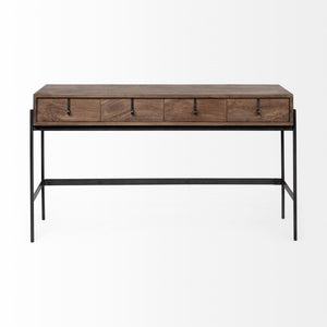 Glenn III 56L x 14W Dark Brown Wood w/ Black Iron Frame, 4 Drawer Console Table