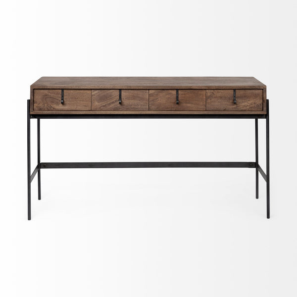Glenn III 56L x 14W Dark Brown Wood w/ Black Iron Frame, 4 Drawer Console Table