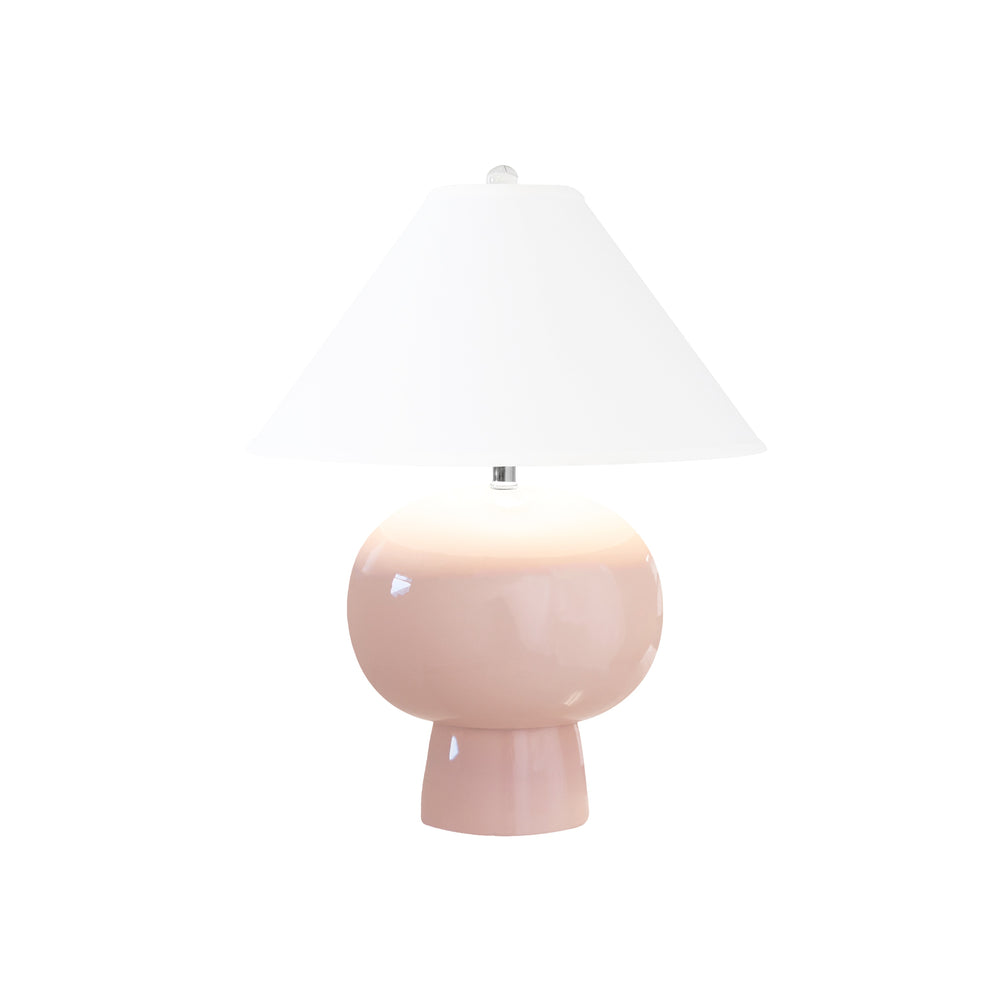 BULB SHAPE CERAMIC TABLE LAMP WITH WHITE LINEN COOLIE SHADE IN BLUSH