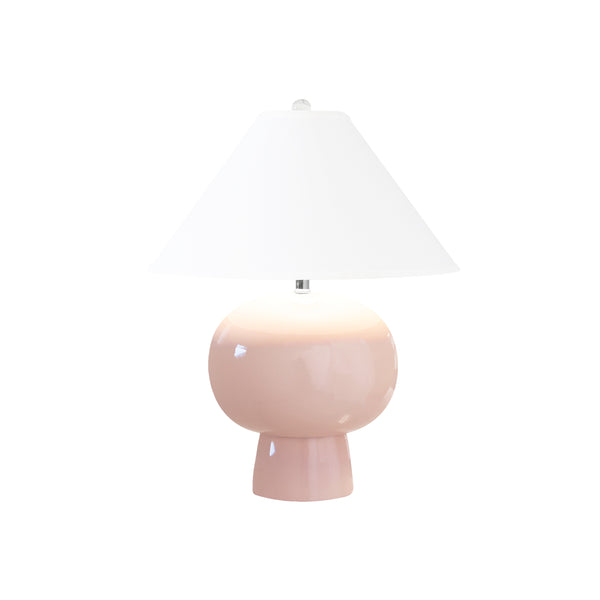 BULB SHAPE CERAMIC TABLE LAMP WITH WHITE LINEN COOLIE SHADE IN BLUSH