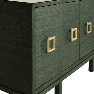 FOUR DOOR BUFFET WITH LARGE BRASS SQUARE HARDWARE IN GREEN DYED GRASSCLOTH
