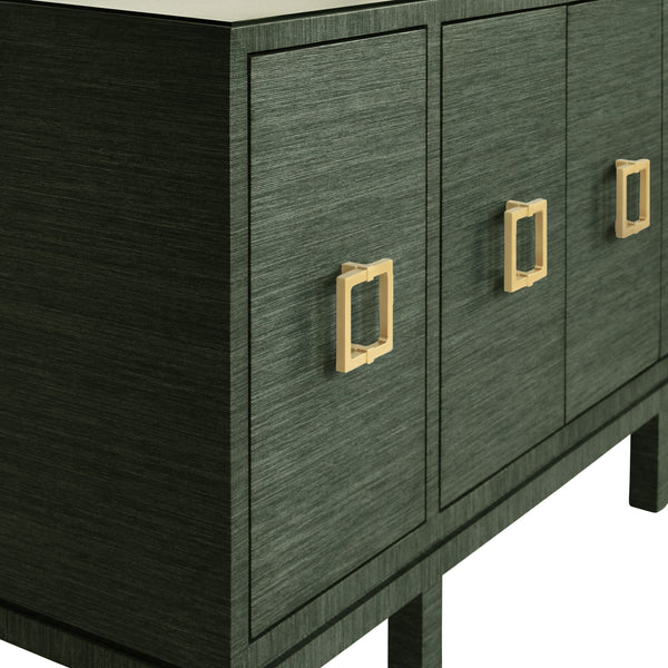 FOUR DOOR BUFFET WITH LARGE BRASS SQUARE HARDWARE IN GREEN DYED GRASSCLOTH