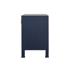 ONE DRAWER SIDE TABLE WITH ANTIQUE BRASS CIRCLE HARDWARE IN TEXTURED NAVY LINEN