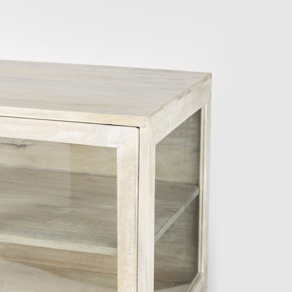Arelius 36L x 18W x 32H White Wood, Gold Metal Base w/ 2 Glass Doors Accent Cabinet