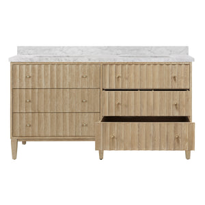 BATH VANITY WITH VERTICAL FLUTED DETAIL ON DRAWERS IN CERUSED OAK WITH WHITE MARBLE TOP, DOUBLE PORCELAIN SINKS, AND POLISHED BRASS KNOBS, 60" WIDE