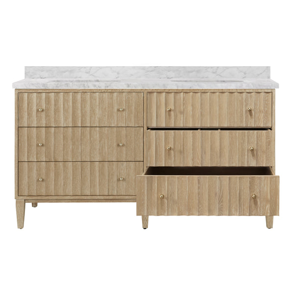 BATH VANITY WITH VERTICAL FLUTED DETAIL ON DRAWERS IN CERUSED OAK WITH WHITE MARBLE TOP, DOUBLE PORCELAIN SINKS, AND POLISHED BRASS KNOBS, 60" WIDE