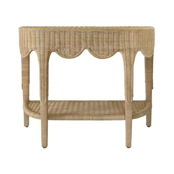 SCALLOPED TOP DEMI LUNE CONSOLE IN WOVEN RATTAN WITH OPEN SHELF