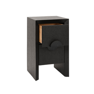 TWO DRAWER SMALL SIDE TABLE IN BLACK PAINTED GRASSCLOTH WITH BLACK OAK HANDLES