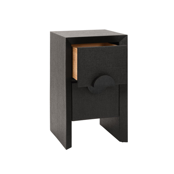 TWO DRAWER SMALL SIDE TABLE IN BLACK PAINTED GRASSCLOTH WITH BLACK OAK HANDLES