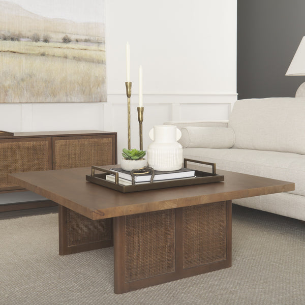 Grier  42" Square Medium Brown Solid Wood w/ Cane Coffee Table
