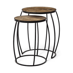 Clapp IV (Set of 2) 20L x 20W Brown Round Wood Top W/ Black Iron Frame Nesting Accent Tables
