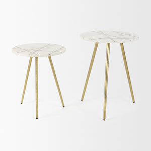 Vivienne  16.0L x 16.0W x 19.0H White Marble W/Antique Gold Metal Round Small Side Table