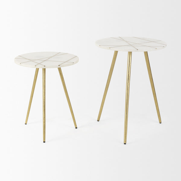 Vivienne  16.0L x 16.0W x 19.0H White Marble W/Antique Gold Metal Round Small Side Table