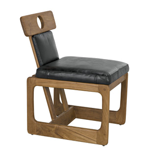 Buraco Teak Dining Chair with Gloss Finish and Black Leather Upholstery