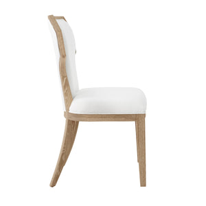 DINING CHAIR WITH CURVED ANGLE BACK IN CERUSED OAK WITH PERFORMANCE WHITE LINEN UPHOLSTERY