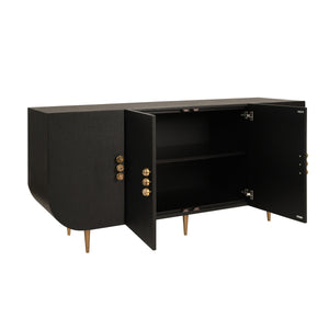 FOUR DOOR BUFFET WITH CURVED BOTTOM CORNERS AND STONE HARDWARE IN BLACK PAINTED GRASSCLOTH