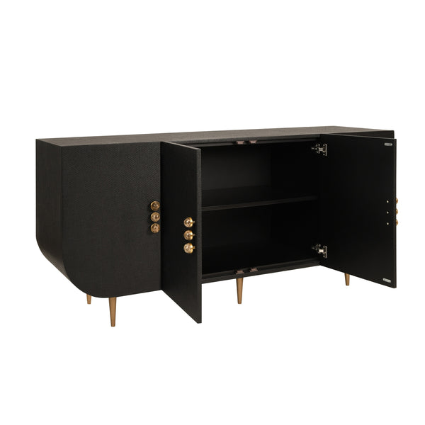 FOUR DOOR BUFFET WITH CURVED BOTTOM CORNERS AND STONE HARDWARE IN BLACK PAINTED GRASSCLOTH