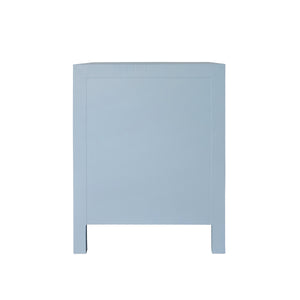 CURVED FRONT SIDE TABLE WITH TWO DRAWERS IN LIGHT BLUE TEXTURED LINEN WITH SATIN BRASS RING HARDWARE