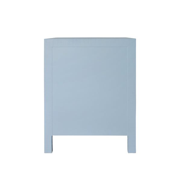 CURVED FRONT SIDE TABLE WITH TWO DRAWERS IN LIGHT BLUE TEXTURED LINEN WITH SATIN BRASS RING HARDWARE
