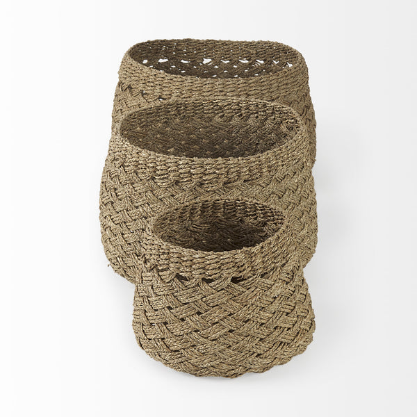 Jarek 15.0L x 15.0W x 11.8H (Set of 3) Medium Brown Seagrass Basket Cross Weave Round Basket