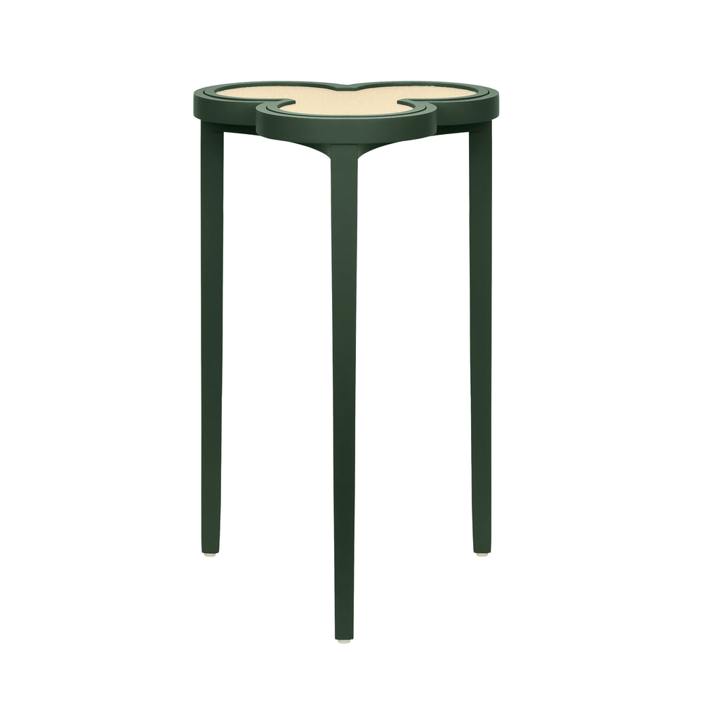 CLOVER CIGAR TABLE WITH REVERSIBLE LACQUER AND NATURAL GRASSCLOTH TOP IN MATTE DARK GREEN LACQUER