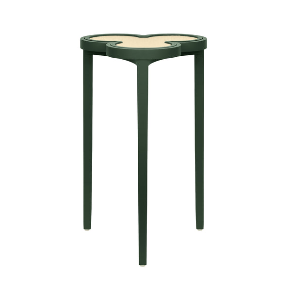 CLOVER CIGAR TABLE WITH REVERSIBLE LACQUER AND NATURAL GRASSCLOTH TOP IN MATTE DARK GREEN LACQUER
