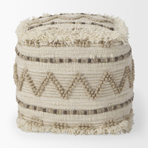 Caela Beige/Brown Wool, Cotton and Felt Popcorn Stitch Square Pouf