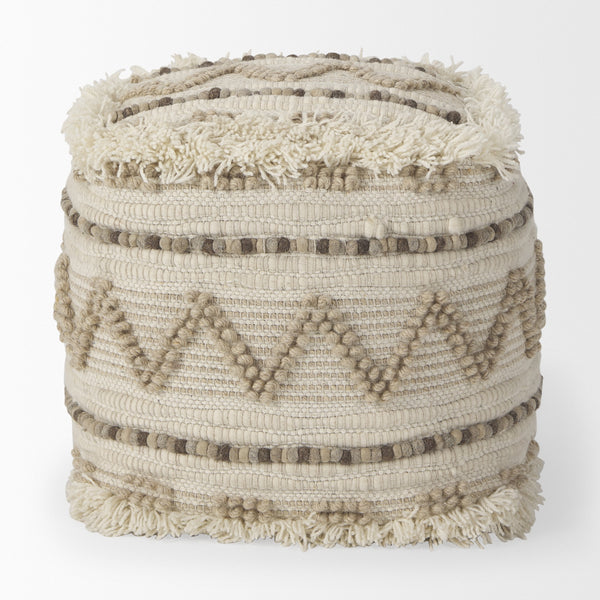 Caela Beige/Brown Wool, Cotton and Felt Popcorn Stitch Square Pouf