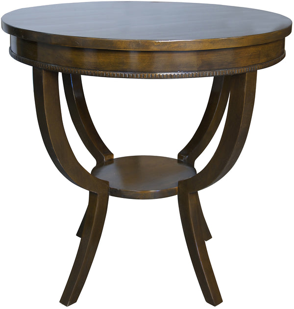 Scheffield Round Birch and Veneer End Table in Distressed Brown