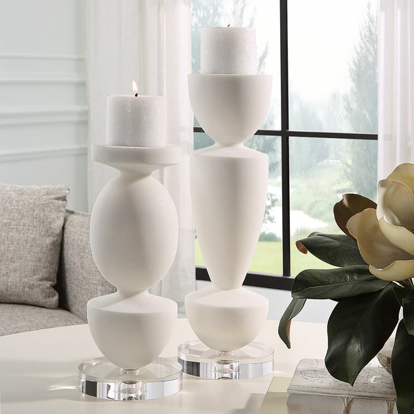 Lido White Stone Candleholders, Set/2