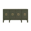FOUR DOOR BUFFET WITH LARGE BRASS SQUARE HARDWARE IN GREEN DYED GRASSCLOTH