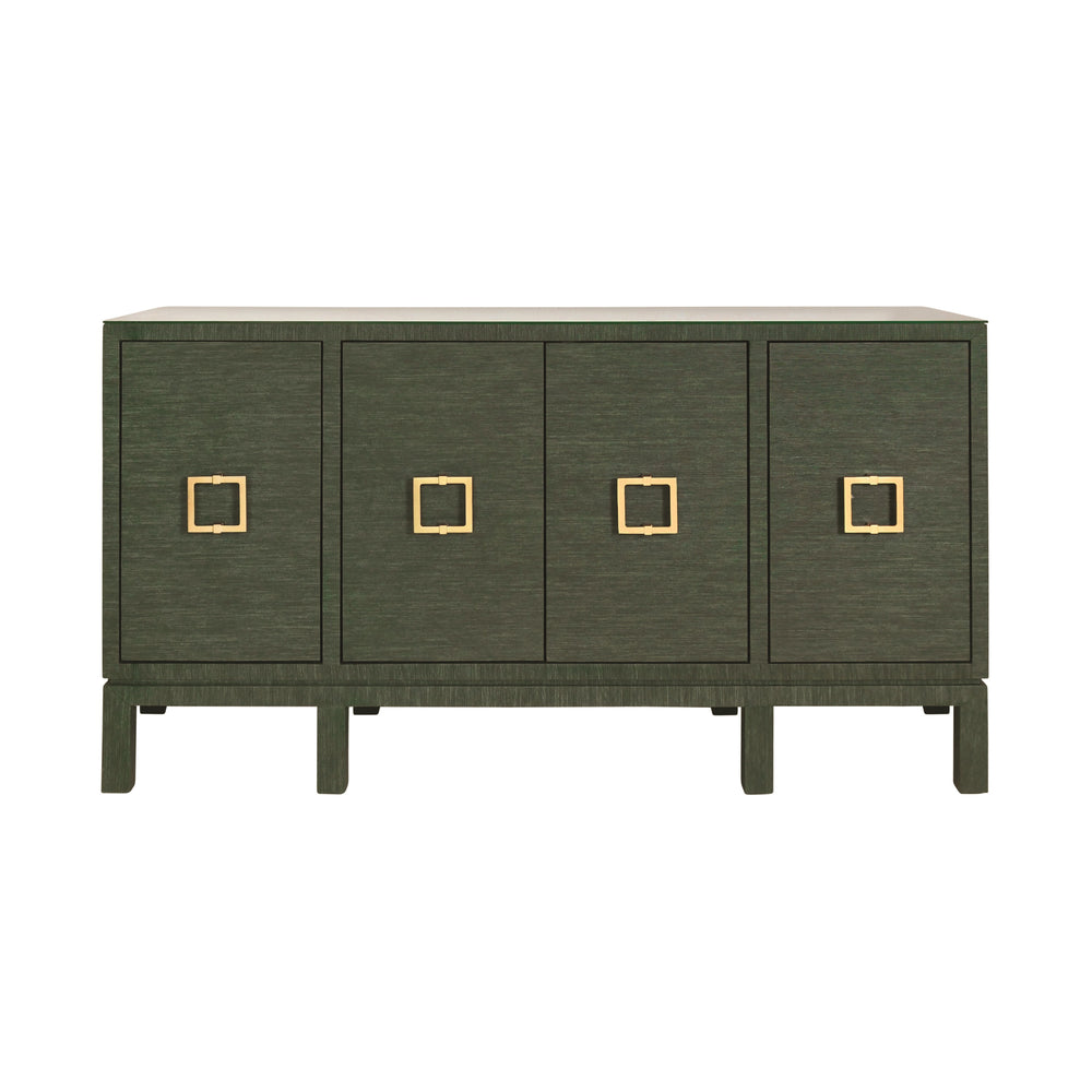 FOUR DOOR BUFFET WITH LARGE BRASS SQUARE HARDWARE IN GREEN DYED GRASSCLOTH