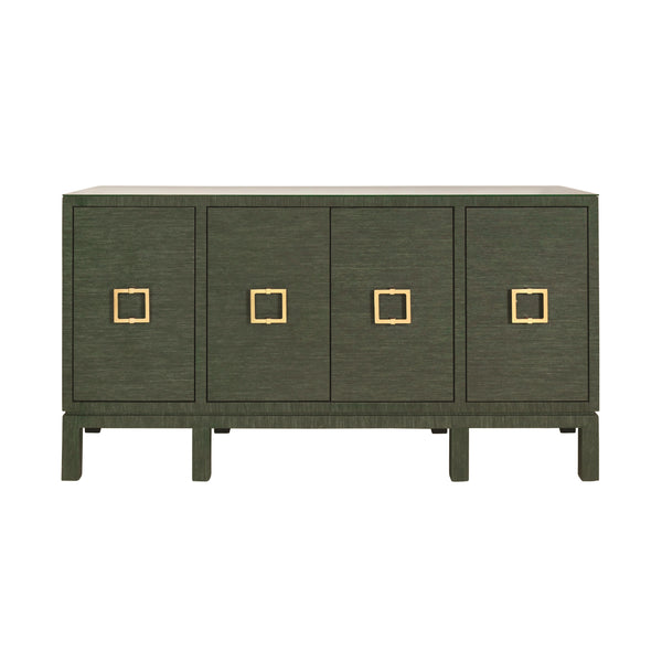 FOUR DOOR BUFFET WITH LARGE BRASS SQUARE HARDWARE IN GREEN DYED GRASSCLOTH