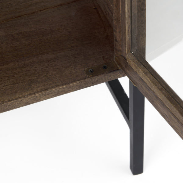 Arelius 36L x 18W x 32H Medium Brown Wood, Black Metal Base w/ 2 Glass Doors Accent Cabinet