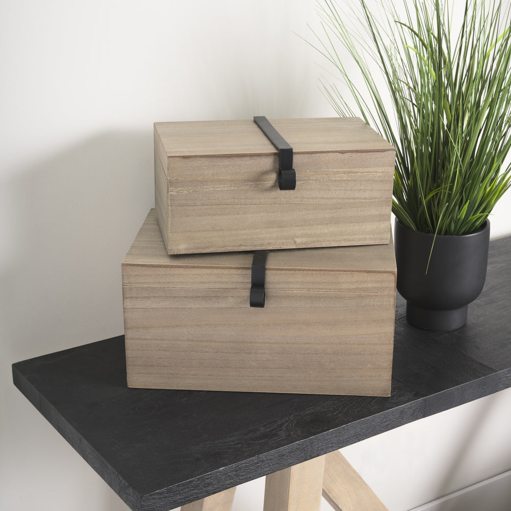 Josh 15.9L x 11.6W x 8.3H Set Of Two Light Brown Wood W/ Metal Detail Boxes
