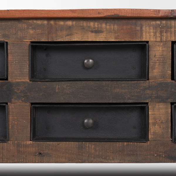 Wilton Brown Wood w/ 12 Black Metal Drawers Coffee Table