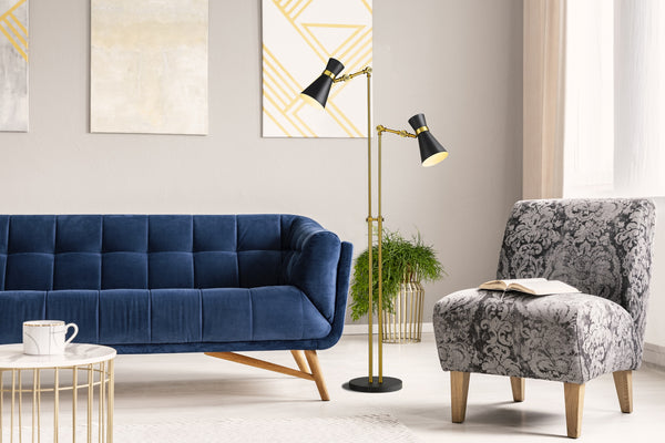 Soriano 2 Light Floor Lamp in Matte Black + Heritage Brass Finish