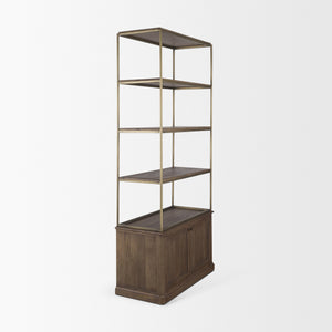 Braxton Dark Brown Wood w/ Antiqued Aged Brass Metal 3 Tiers 2 Door Shelving Unit