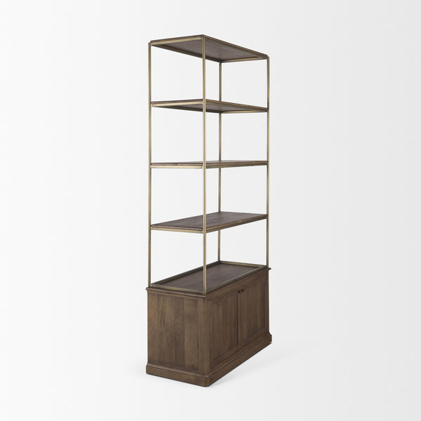 Braxton Dark Brown Wood w/ Antiqued Aged Brass Metal 3 Tiers 2 Door Shelving Unit