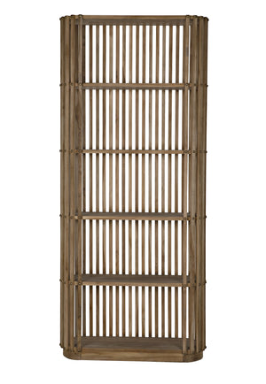 Opal Teak & Veneer Bookcase with Brass Nailhead Accents in Natural Finish