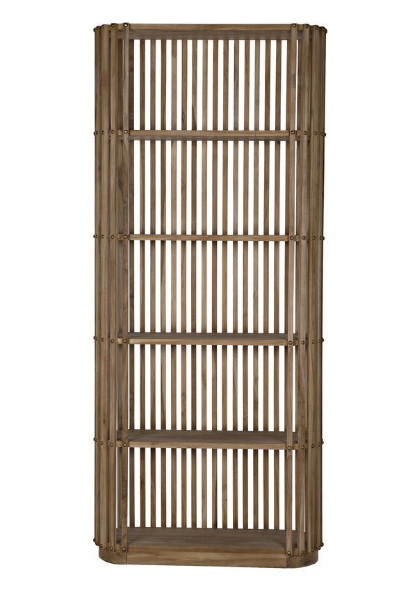 Opal Teak & Veneer Bookcase with Brass Nailhead Accents in Natural Finish
