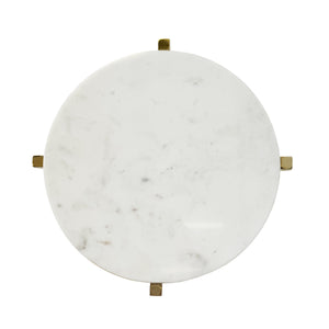 ROUND SIDE TABLE WITH BRASS X BASE AND WHITE MARBLE TOP
